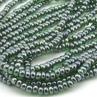 8/0 Czech Glass Seed Beads, Vintage 20" Strands 2mm Emerald AB Mini Rocailles (3)