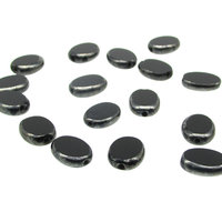11.5x9mm Flat Oval Window Beads, Opaque Jet and Hematite Czech Glass 