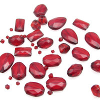 Vintage Plastic Bead Mix, Translucent Red Faceted Beads