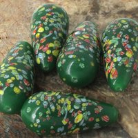 Vintage 36x18mm Teardrop Focal, Green Tombo Millefiori Glass Bead