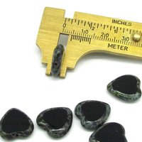 15mm Flat Hearts, Black Picasso Czech 2-Cut Window Beads (6)