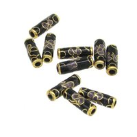 12x4mm Tube Beads, Black Cloisonne with Lavender Flowers (10)