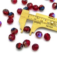 10mm Faceted Round Beads, Translucent Red Czech Fire Polished Glass Spacers, Bright Siam AB or Rich Garnet Shades