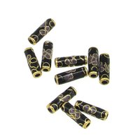 12x4mm Tube Beads, Black Cloisonne with Lavender Flowers (10)