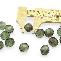 10mm Faceted Beads, Green and Brown Fire Polished Rounds