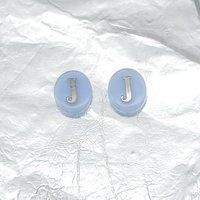 Vintage Initial Cabochon, Pale Blue Glass with Silver Letter, 12x10mm Flat Oval