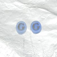 Vintage Initial Cabochon, Pale Blue Glass with Silver Letter, 12x10mm Flat Oval