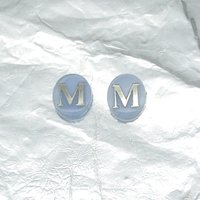 Vintage Initial Cabochon, Pale Blue Glass with Silver Letter, 12x10mm Flat Oval