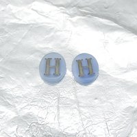 Vintage Initial Cabochon, Pale Blue Glass with Silver Letter, 12x10mm Flat Oval