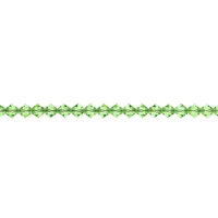 Small 4mm peridot green faceted crystal bicone beads are pointed at each end and have a hole size of approximately 0.6mm. 