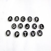 Vintage Initial Cabochon, Black Glass with Rhinestone Letter, 10x8mm Flat Oval