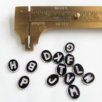 Vintage Initial Cabochon, Black Glass with Rhinestone Letter, 10x8mm Flat Oval