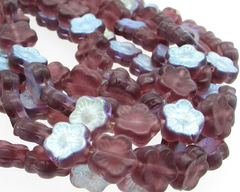 11mm Flower Beads, Amethyst AB Czech Glass