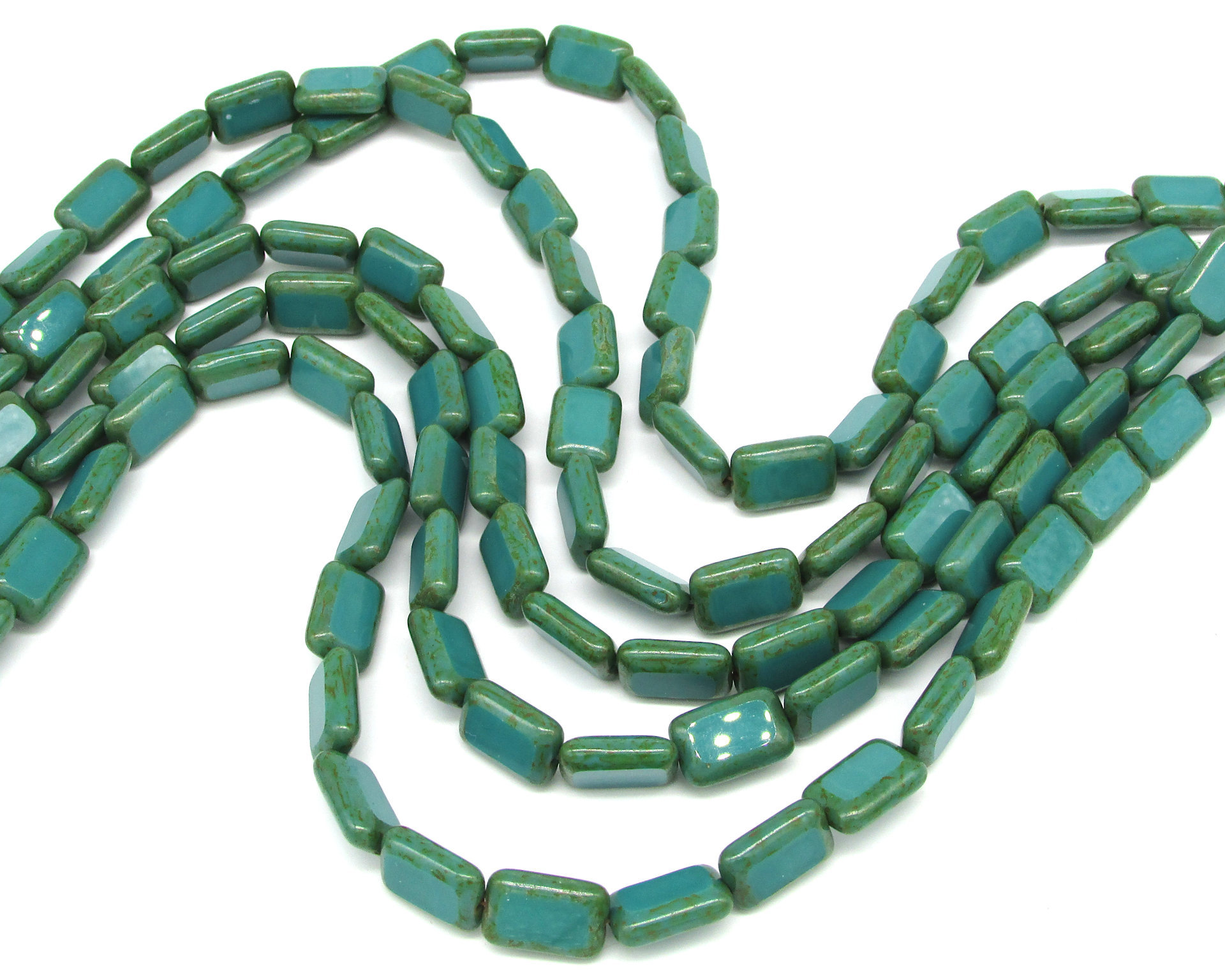 12x8mm Rectangular Window Beads, Opaque Turquoise with Green Picasso (15)