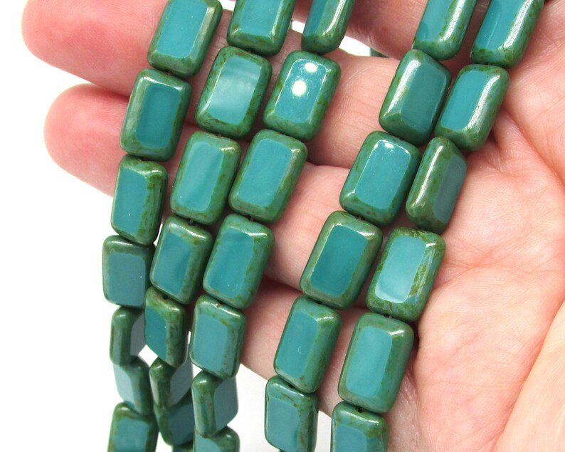 12x8mm Rectangular Window Beads, Opaque Turquoise with Green Picasso (15)