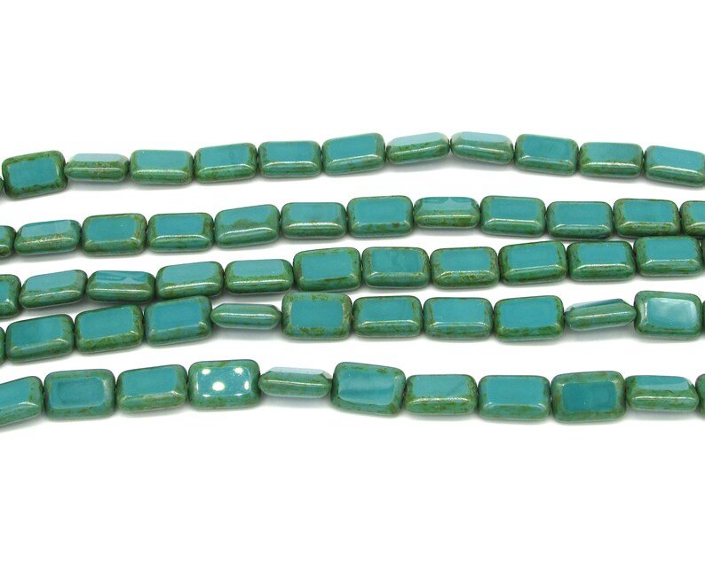 12x8mm Rectangular Window Beads, Opaque Turquoise with Green Picasso (15)