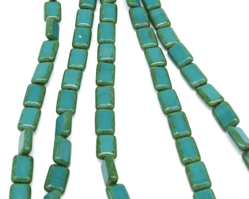 12x8mm Rectangular Window Beads, Opaque Turquoise with Green Picasso (15)