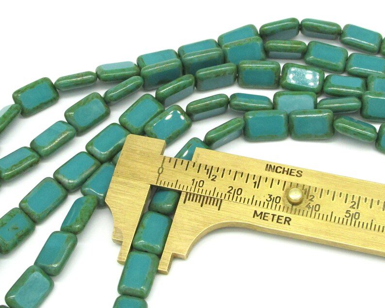 12x8mm Rectangular Window Beads, Opaque Turquoise with Green Picasso (15)