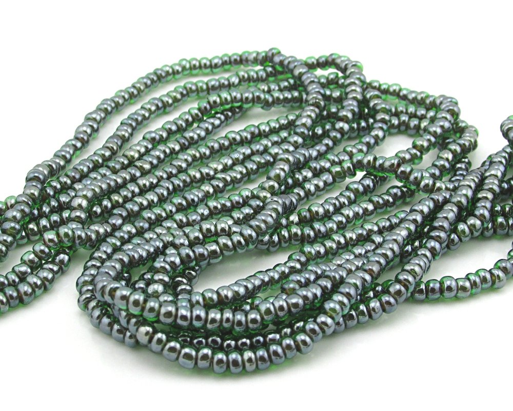 8/0 Czech Glass Seed Beads, Vintage 20" Strands 2mm Emerald AB Mini Rocailles (3)