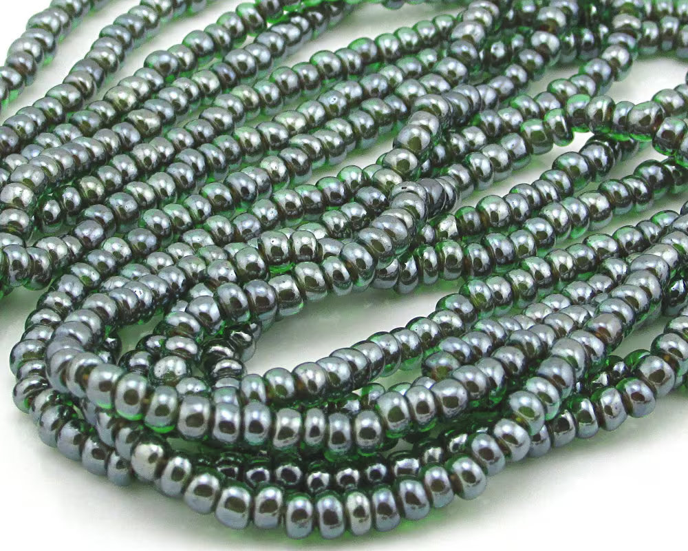 8/0 Czech Glass Seed Beads, Vintage 20" Strands 2mm Emerald AB Mini Rocailles (3)