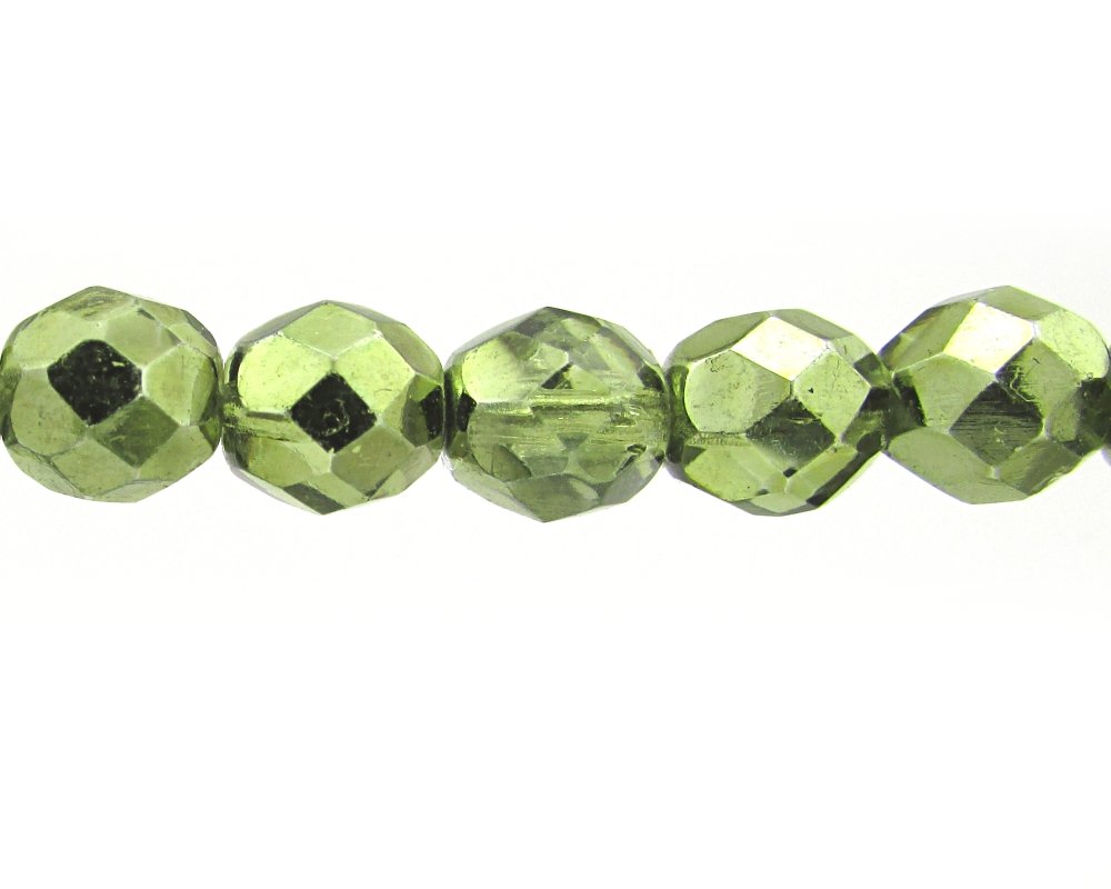 Olivine AB 8mm Faceted Rounds, Fire Polished Czech Glass Beads