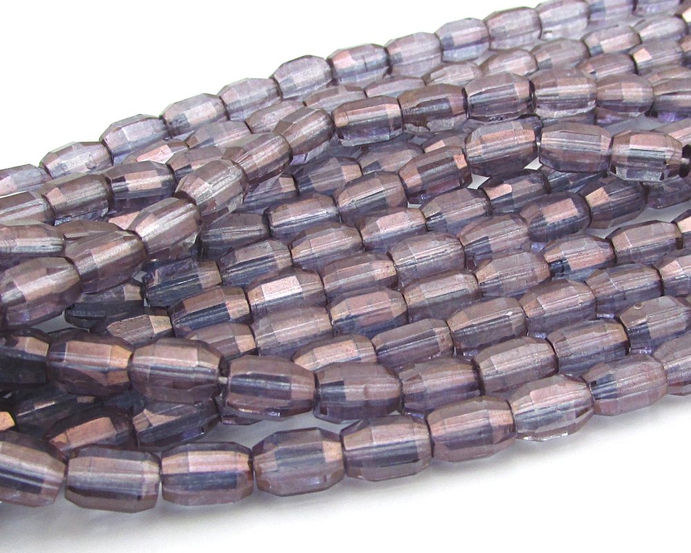7mm Faceted Oval Beads, Amethyst AB Czech Glass Fire Polished Barrels