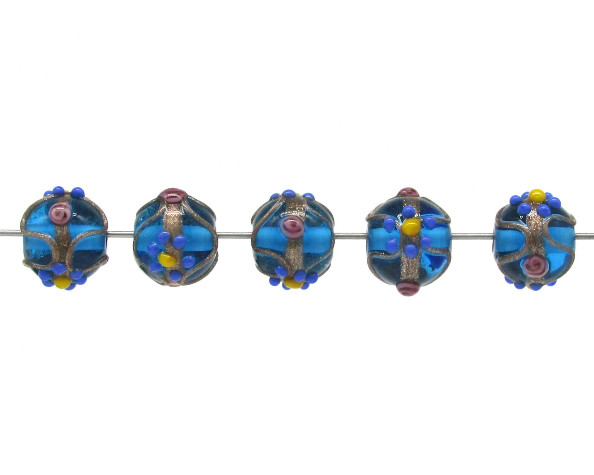 10mm Rounds, Translucent Aqua Fancy Lampwork Beads with Bumpy Dots and Aventurine Drizzle (5)