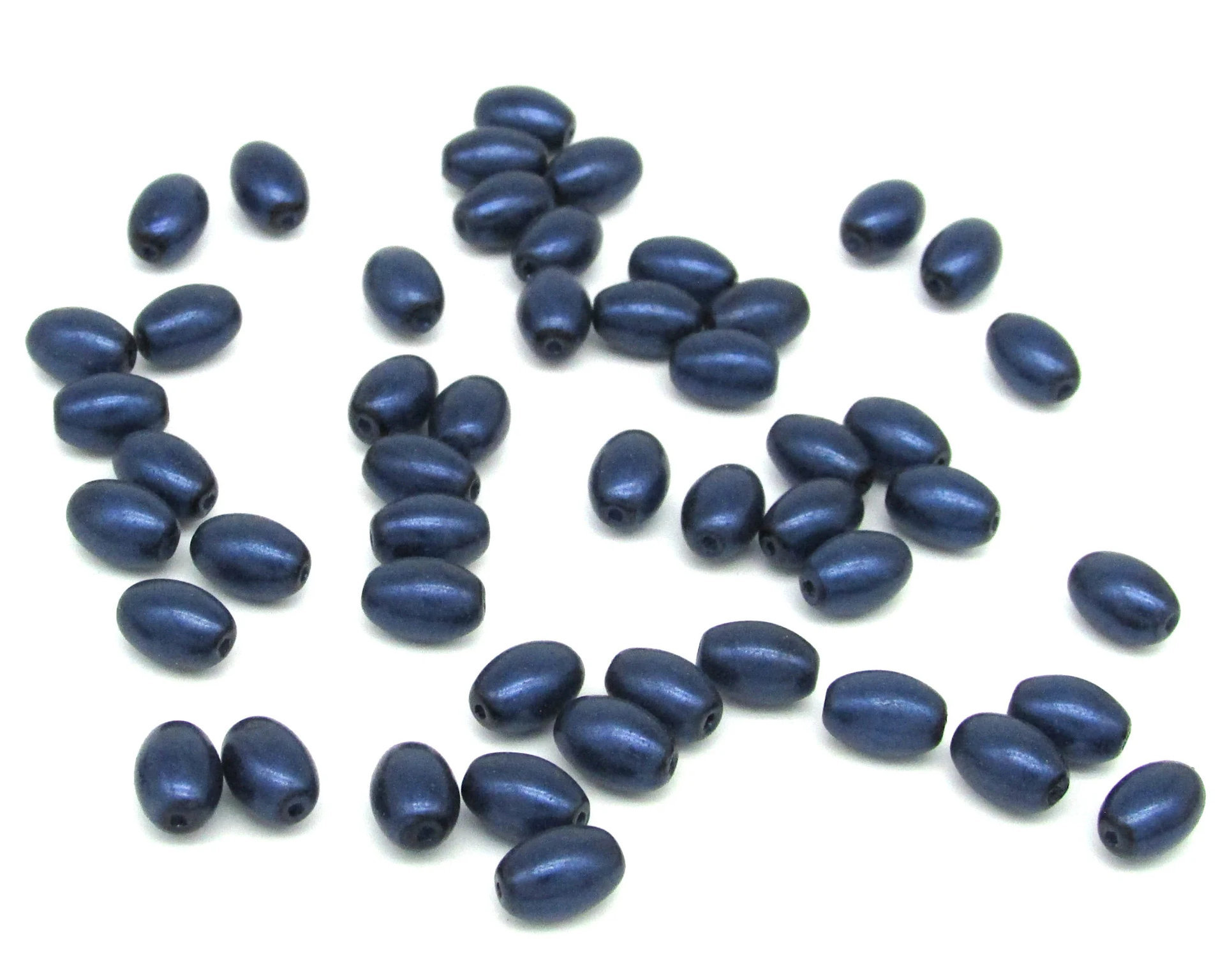 9x6mm Oval Beads, Czech Glass Rice Pearls, Opaque Navy Blue Tapered Barrels