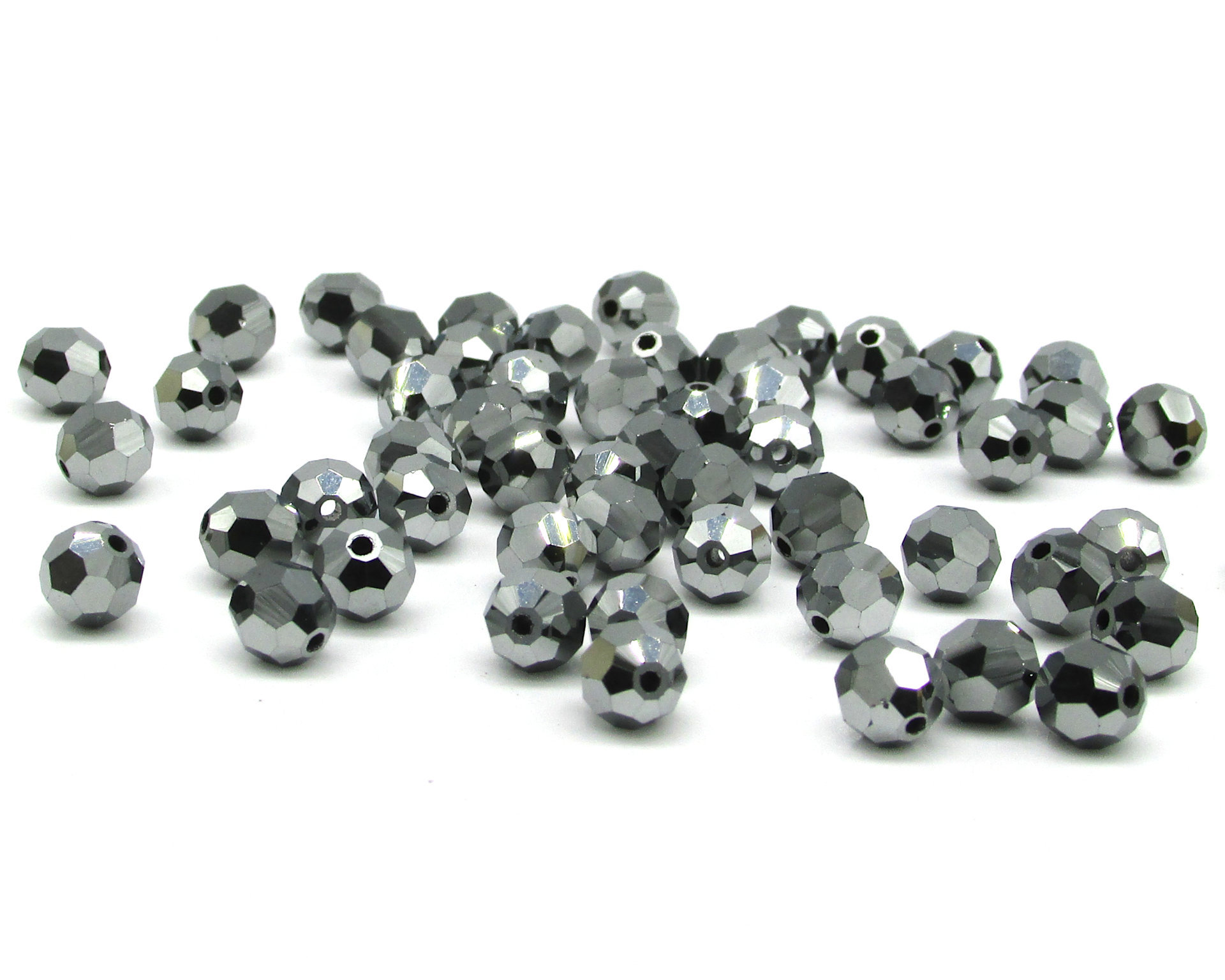 6mm Faceted Round Beads, Jet Hematite Czech Machine Cut Crystal (48)