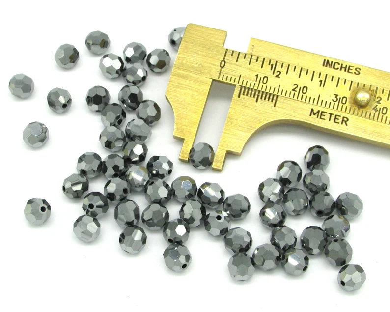 6mm Faceted Round Beads, Jet Hematite Czech Machine Cut Crystal (48)