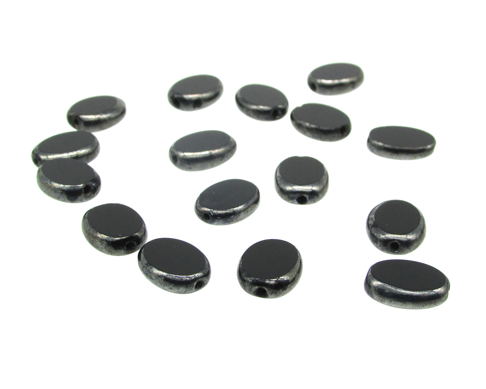 11.5x9mm Flat Oval Window Beads, Opaque Jet and Hematite Czech Glass 