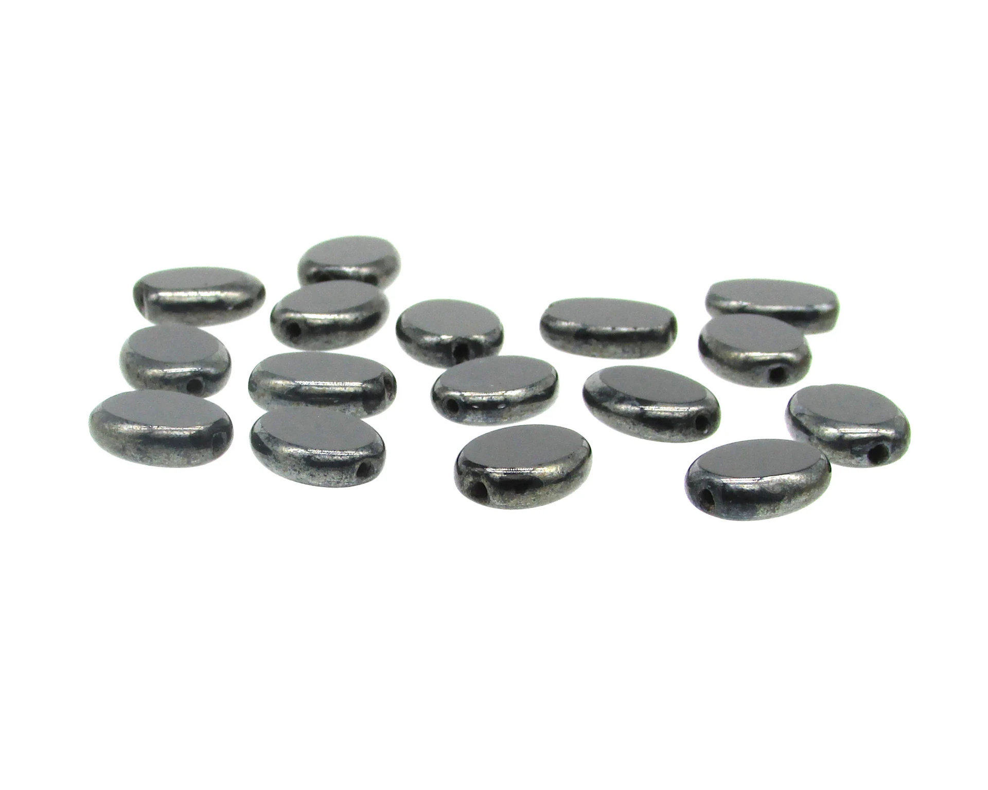 11.5x9mm Flat Oval Window Beads, Opaque Jet and Hematite Czech Glass 