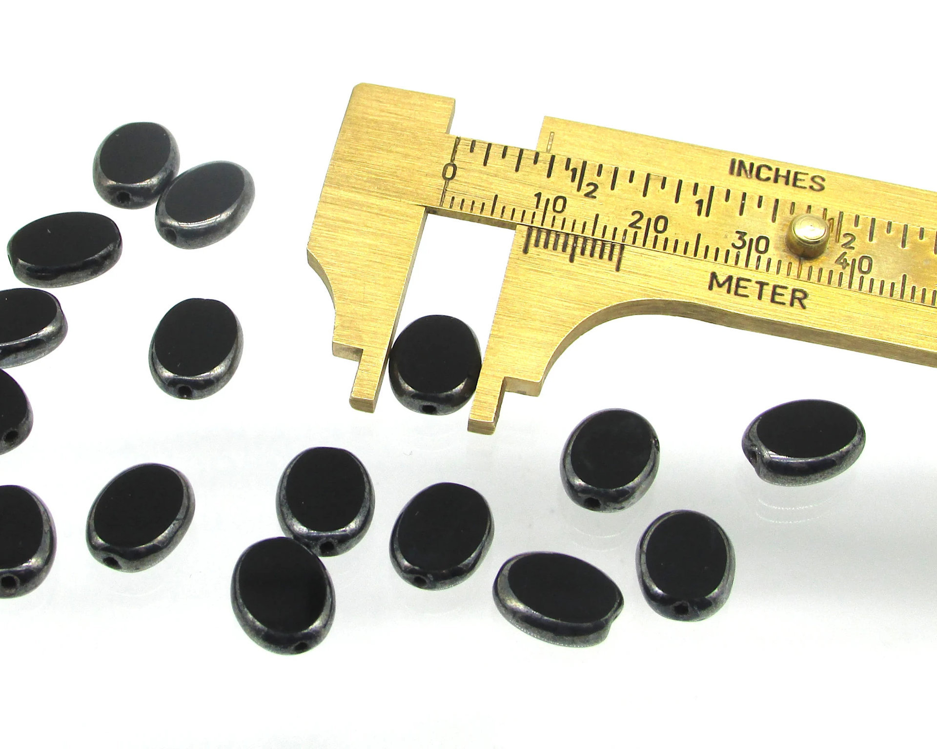 11.5x9mm Flat Oval Window Beads, Opaque Jet and Hematite Czech Glass 
