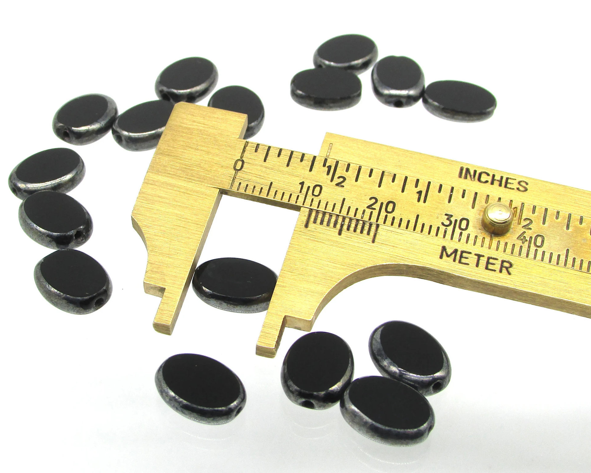 11.5x9mm Flat Oval Window Beads, Opaque Jet and Hematite Czech Glass 