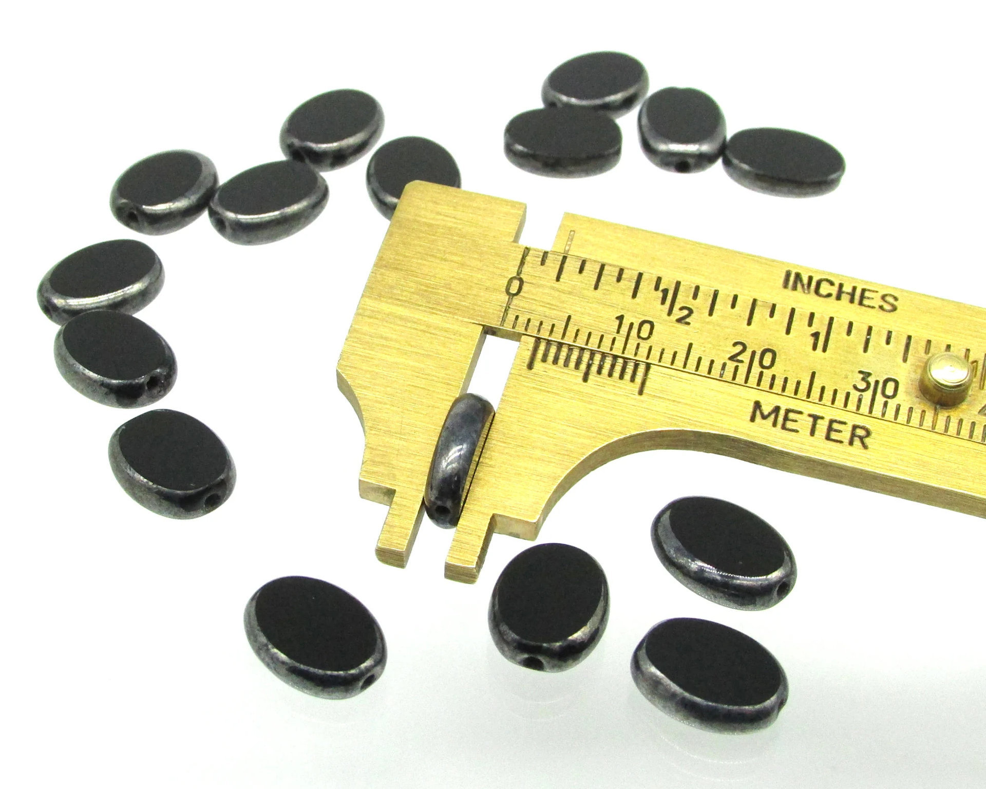11.5x9mm Flat Oval Window Beads, Opaque Jet and Hematite Czech Glass 