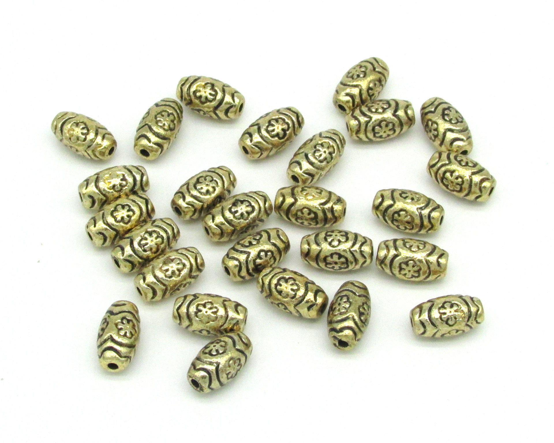Oval Flower Beads, Antique Gold 11mm Barrels, Plated Plastic Spacers