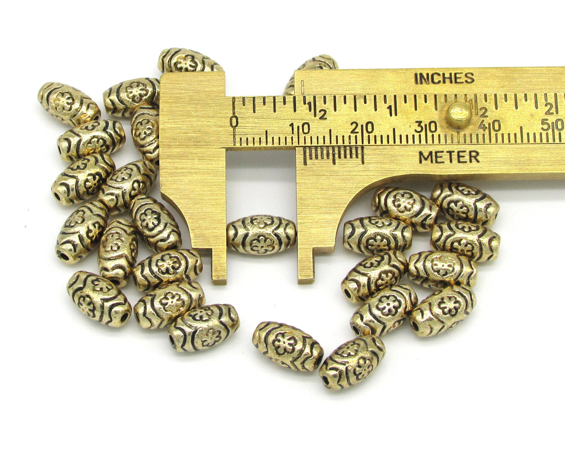 Oval Flower Beads, Antique Gold 11mm Barrels, Plated Plastic Spacers