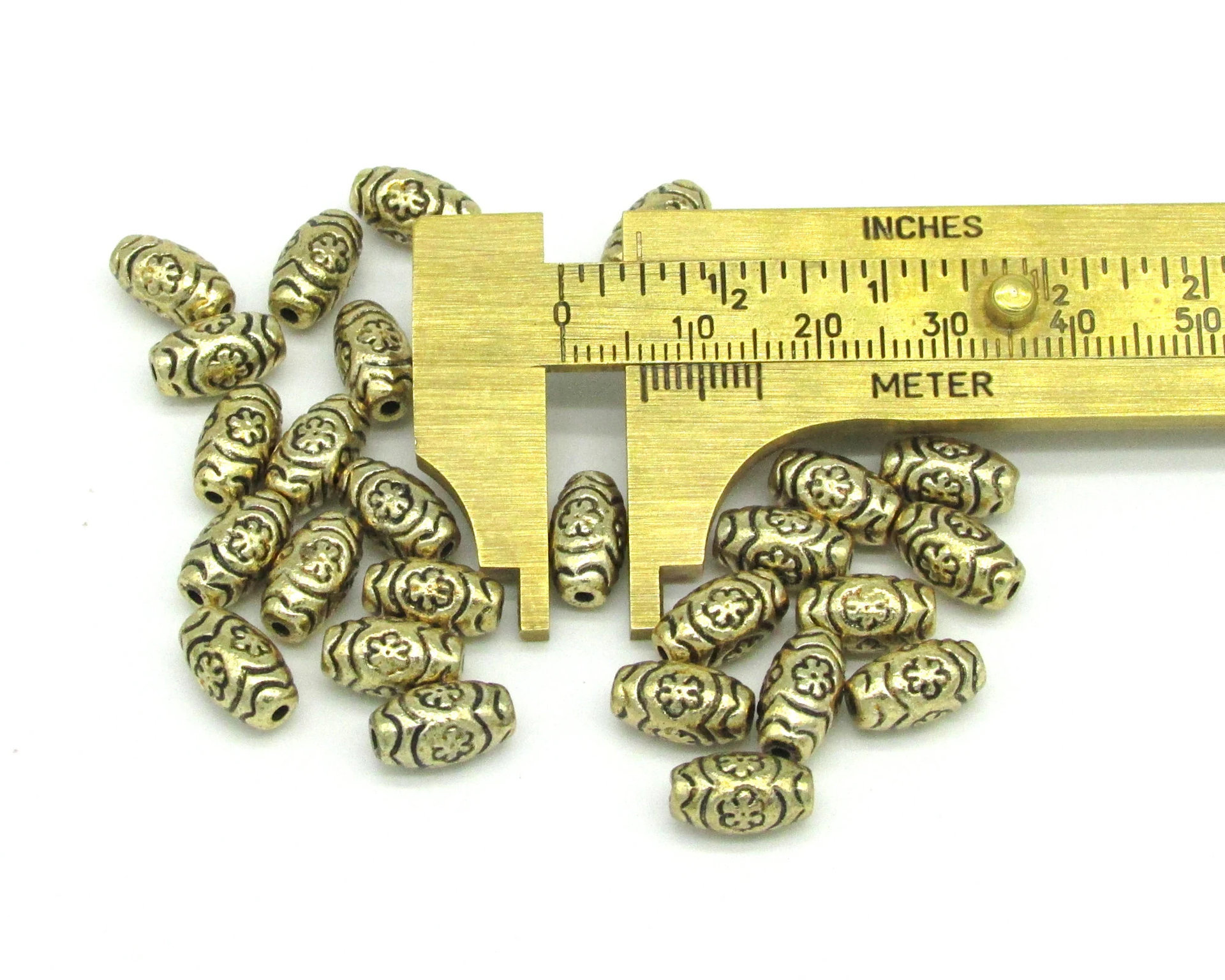 Oval Flower Beads, Antique Gold 11mm Barrels, Plated Plastic Spacers
