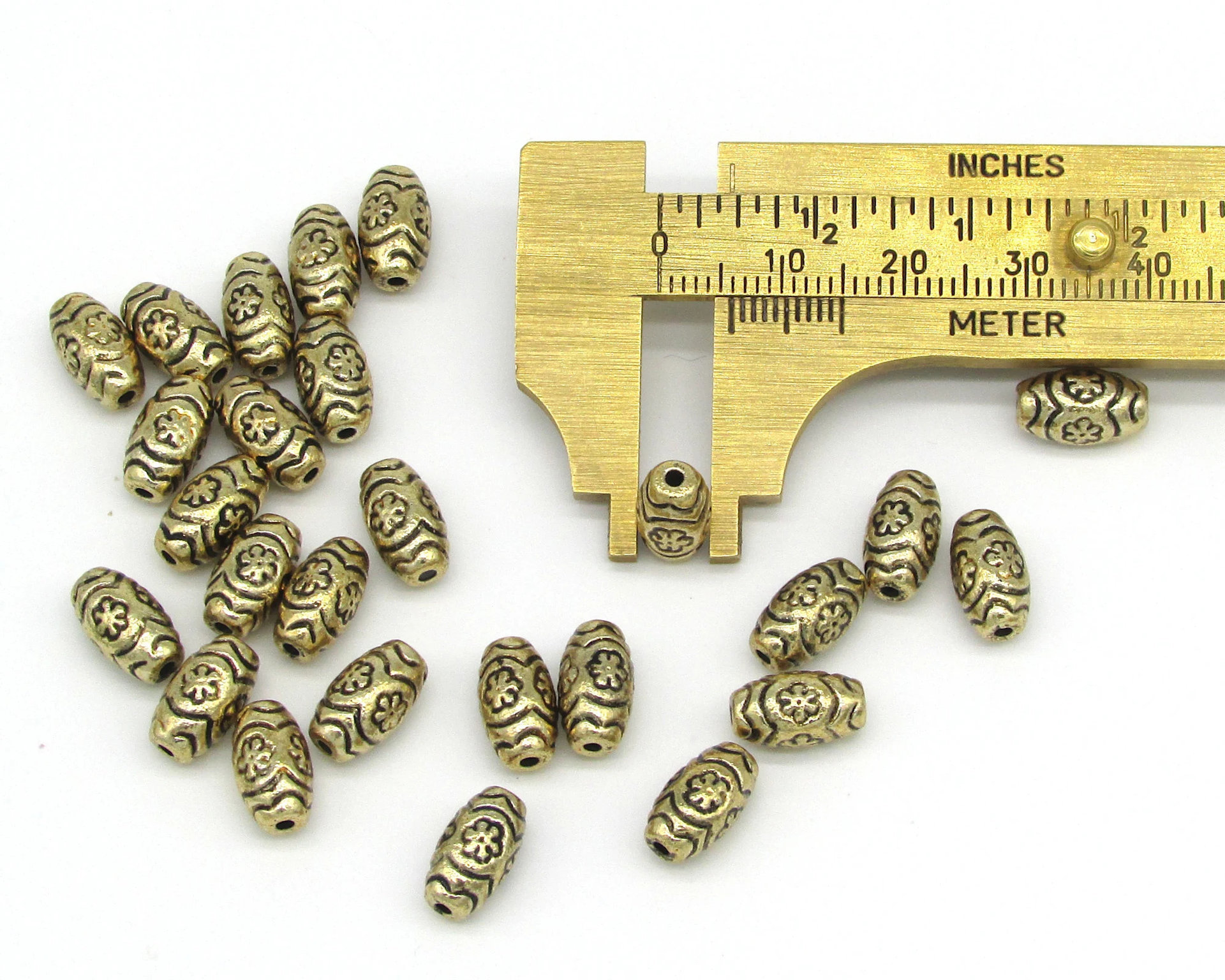 Oval Flower Beads, Antique Gold 11mm Barrels, Plated Plastic Spacers