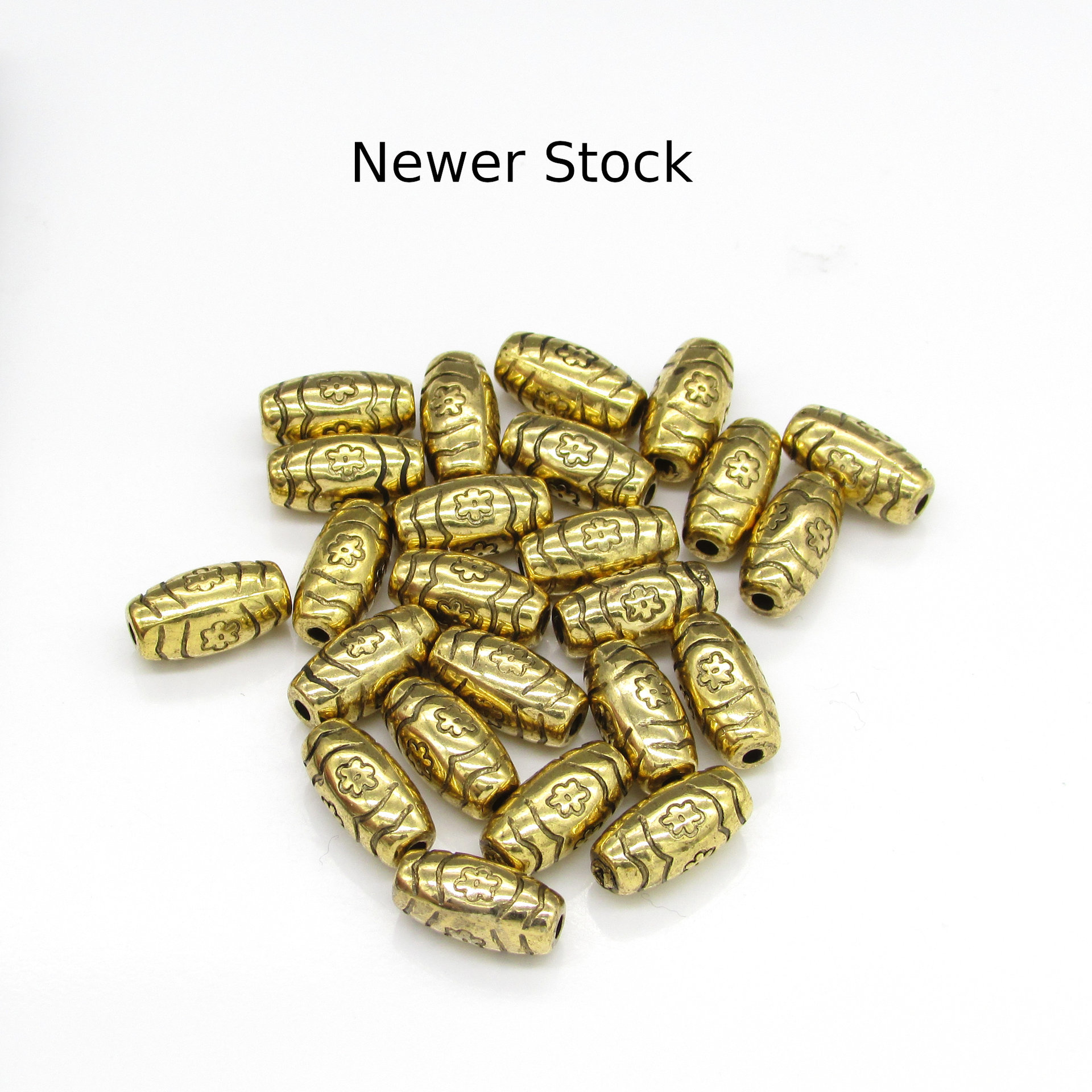 Oval Flower Beads, Antique Gold 11mm Barrels, Plated Plastic Spacers