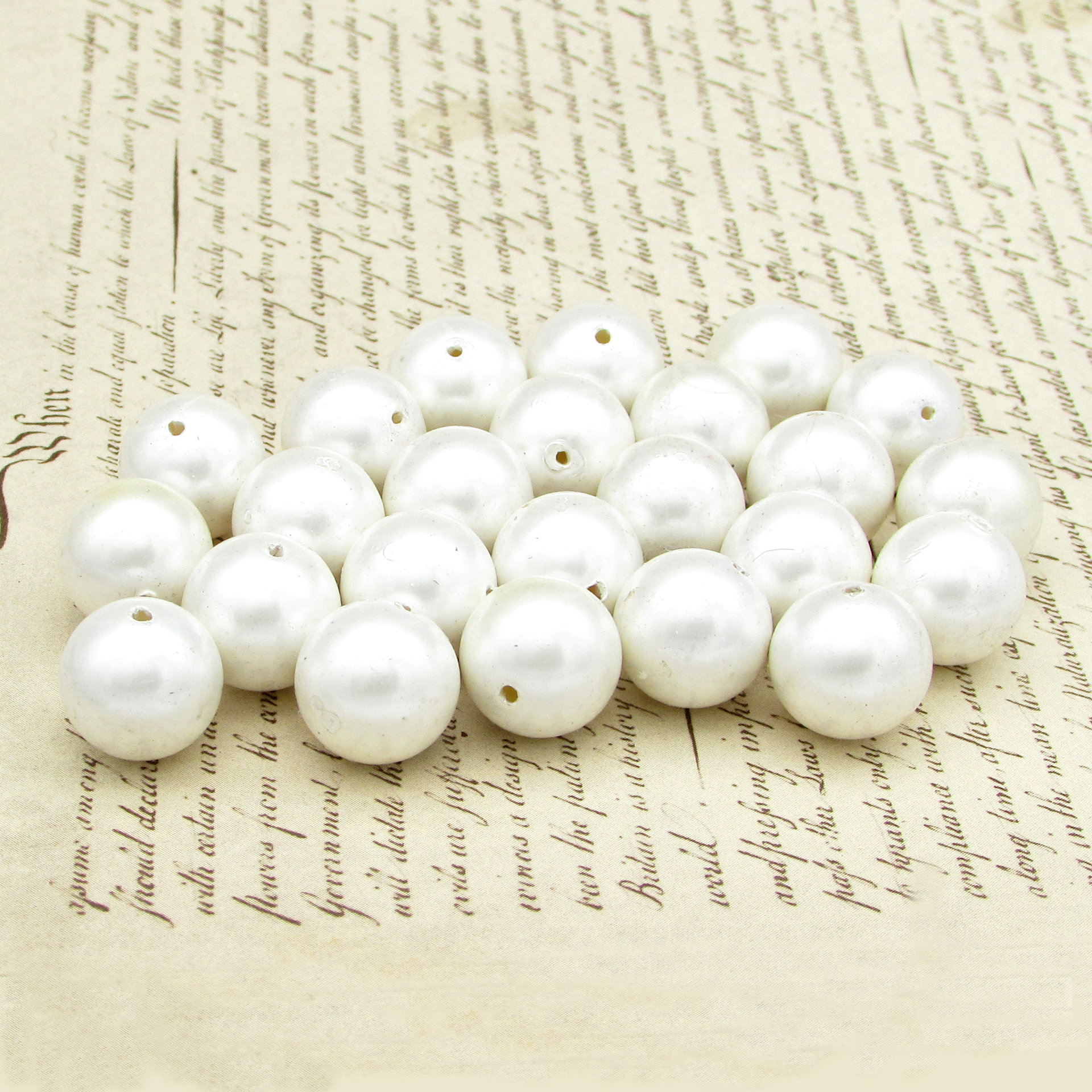 Round White Lustre Beads, Vintage 1970's 12mm 14mm Plastic Pearls