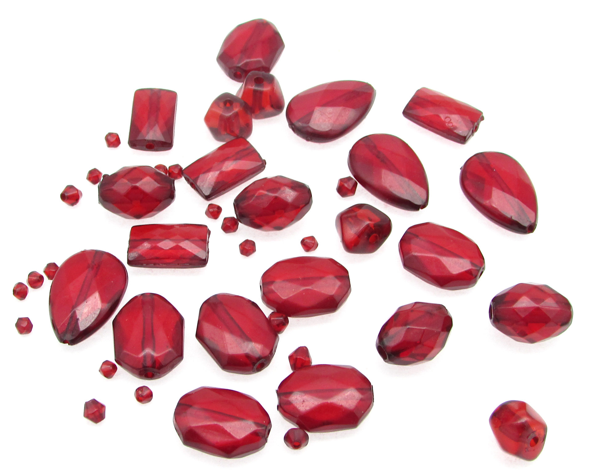 Vintage Plastic Bead Mix, Translucent Red Faceted Beads