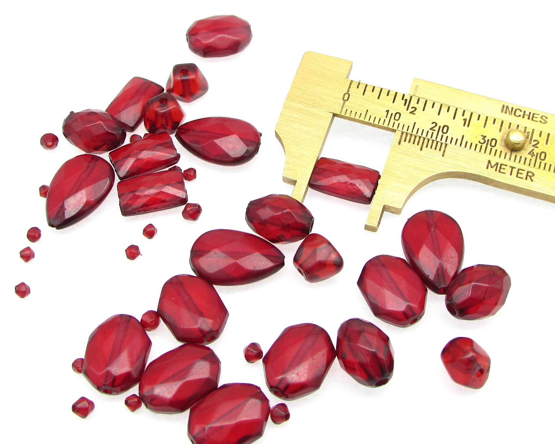 Vintage Plastic Bead Mix, Translucent Red Faceted Beads