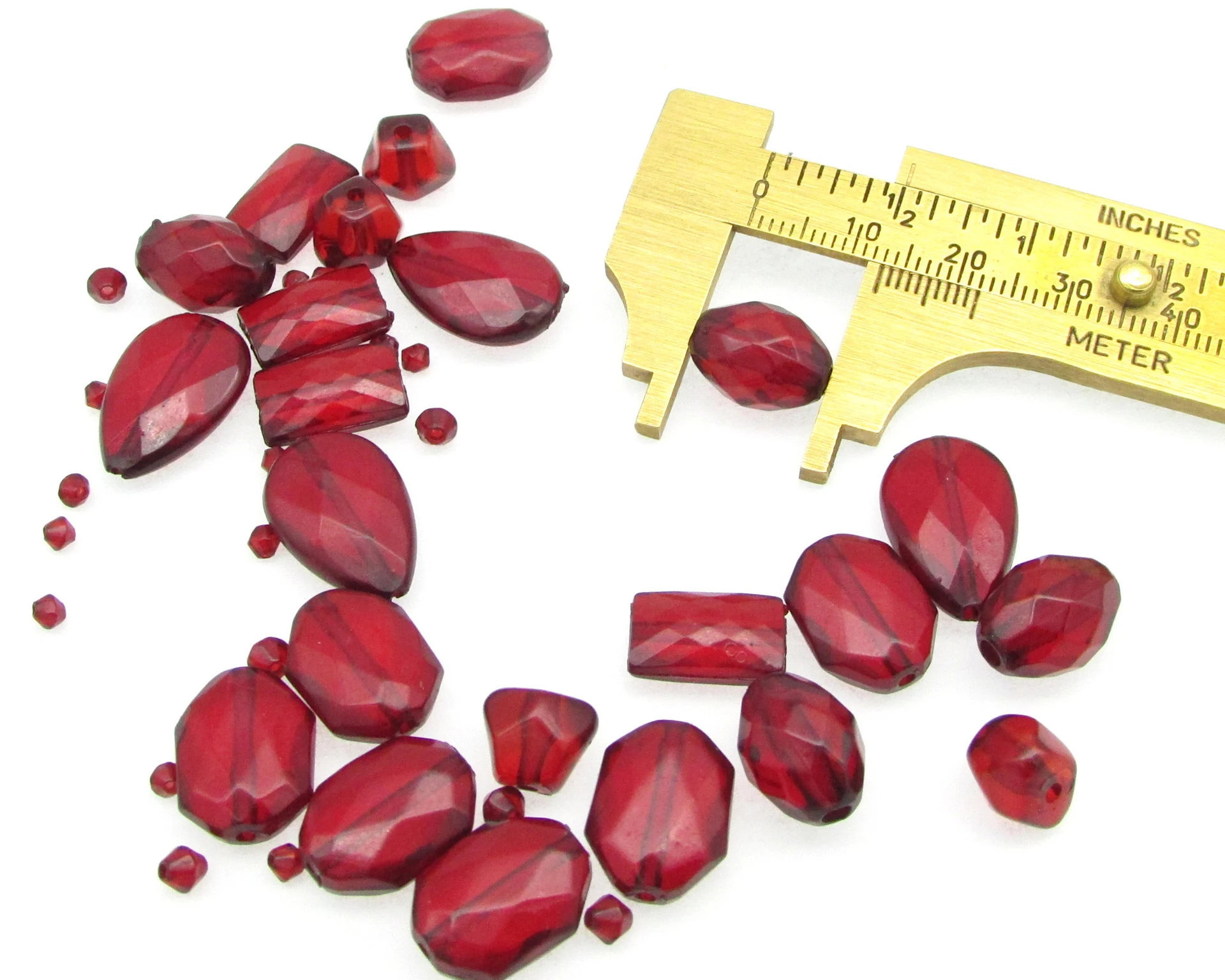 Vintage Plastic Bead Mix, Translucent Red Faceted Beads