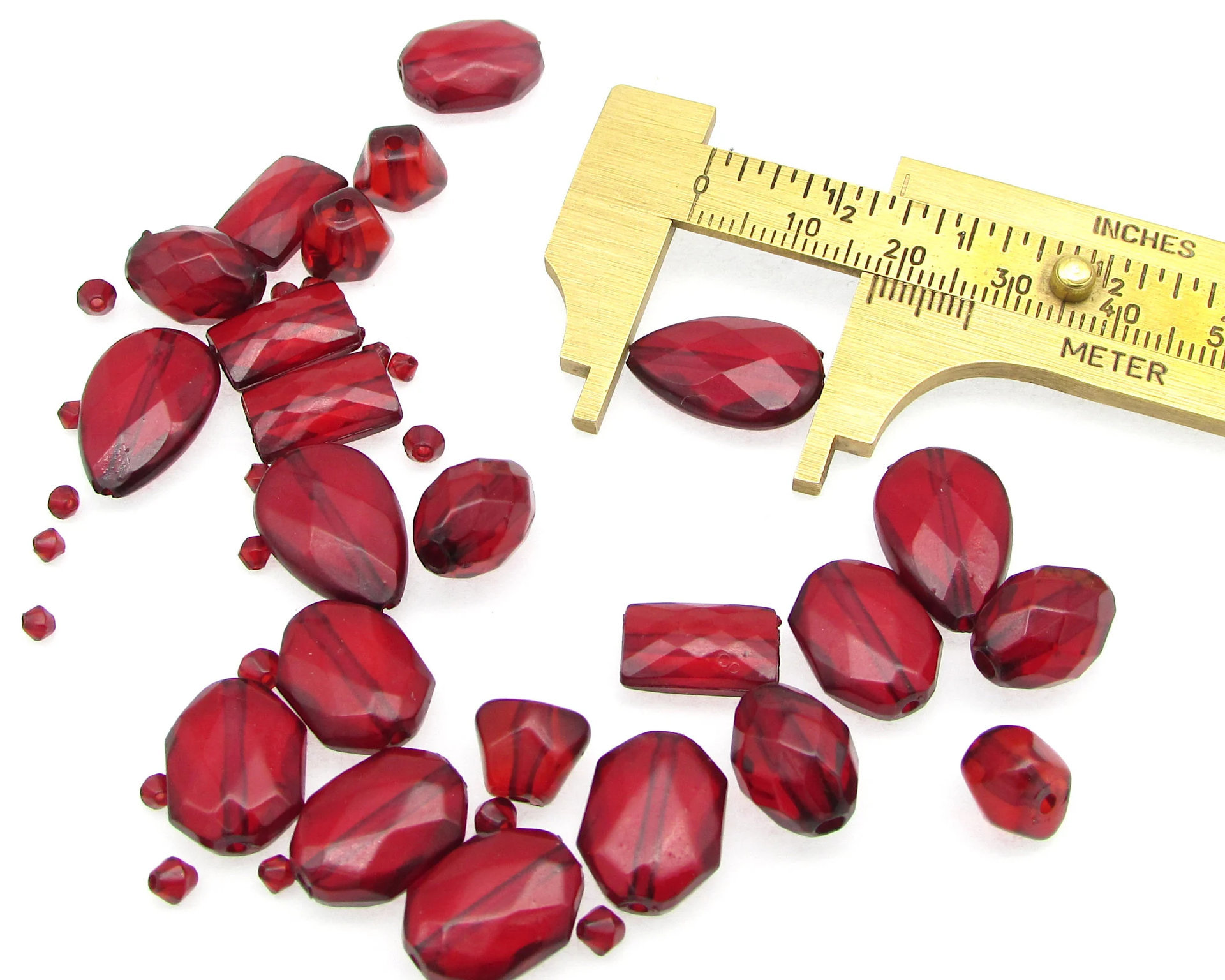Vintage Plastic Bead Mix, Translucent Red Faceted Beads
