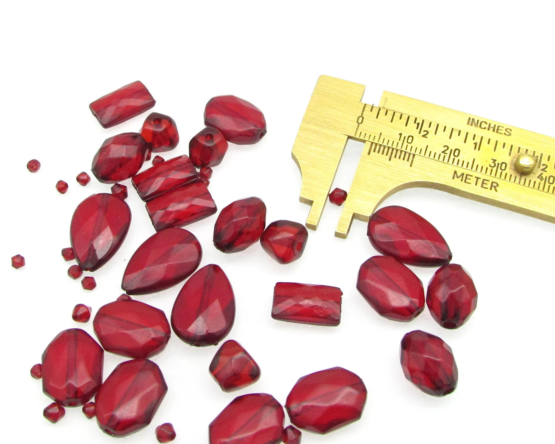 Vintage Plastic Bead Mix, Translucent Red Faceted Beads