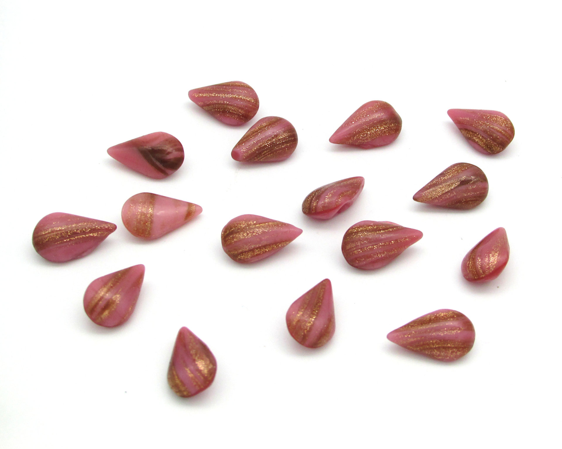 13x7.8mm Teardrop Point Backs, Vintage Opaque Rose and Goldstone Glass Gems
