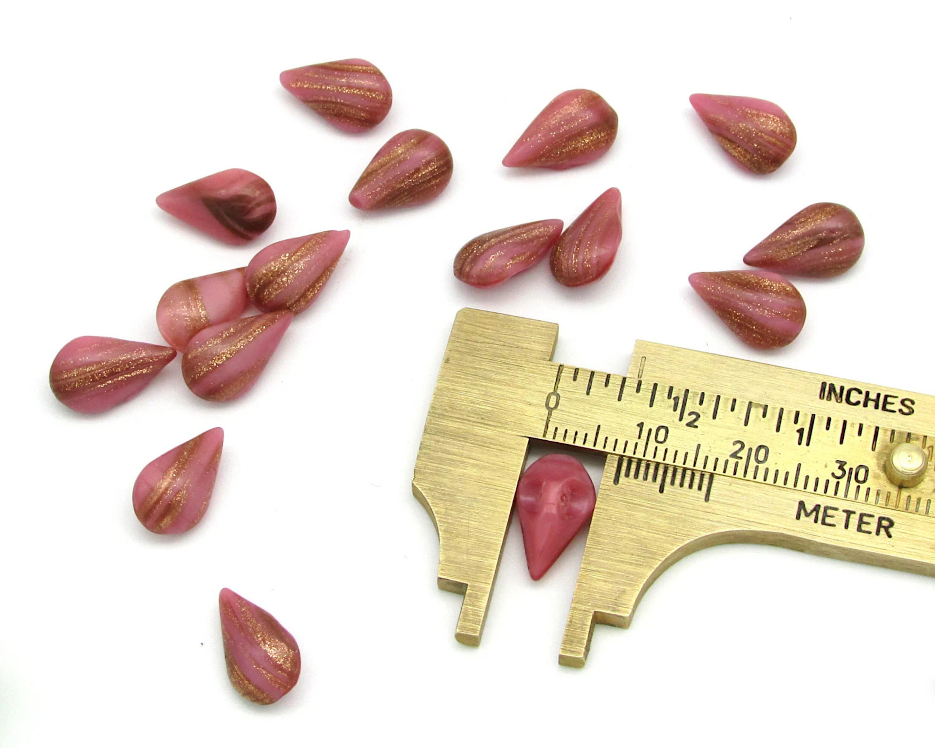 13x7.8mm Teardrop Point Backs, Vintage Opaque Rose and Goldstone Glass Gems