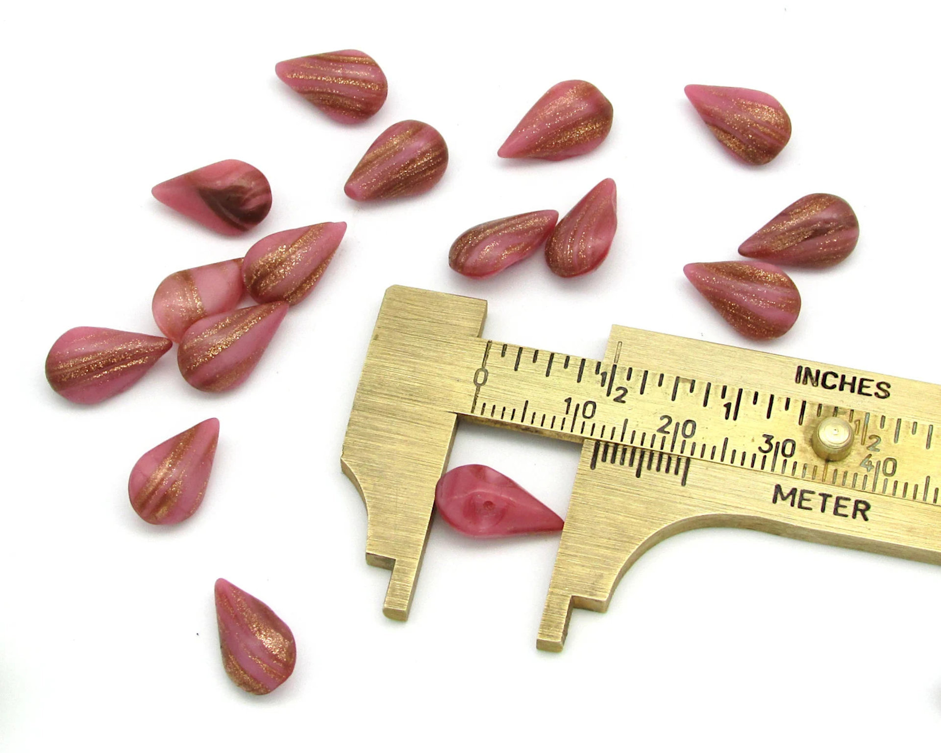 13x7.8mm Teardrop Point Backs, Vintage Opaque Rose and Goldstone Glass Gems