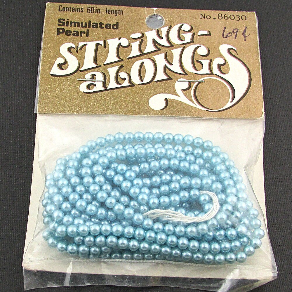 Vintage 4mm Faux Pearls, 60" Strand Round Opaque Light Blue Beads